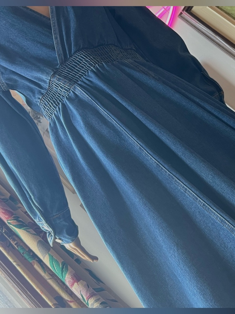 Dark Blue Denim Long-Sleeve Button-Corset Waist Open back A-line Dress - Picture 13 of 16